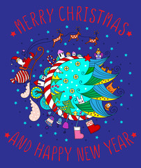 Merry Christmas and Happy New Year card. Vector illustration. Greeting postcard.