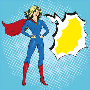Vector illustration of superwoman in retro pop art comic style
