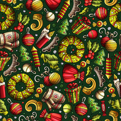 Cartoon cute hand drawn Xmass seamless pattern