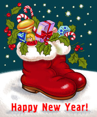 Happy New Year card. Digital childish illustration. Greeting postcard.