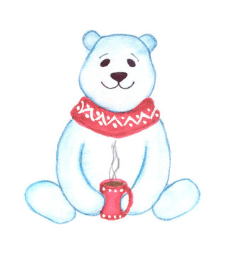 White whatercolor bear with red cup of tea.Hand drawn Illustration
