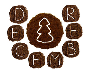 December and spruce, decorated with ground coffee on white background