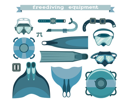 Set, collection of freediving equipment.