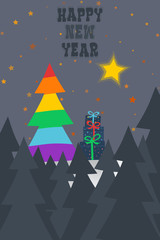 Gay pride flag christmas / new year tree card. Around is a dark forest. In the night sky shining Christmas star. Next to the tree there are three gifts
