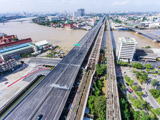 Aerial view of transport on Highway Road, Bangkok, Thailand