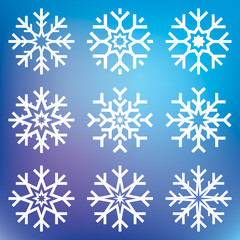 Nine vector snowflakes set on blue mesh background, winter icons silhouette, ice stars, vector elements for your holiday design projects