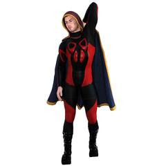 One young man in a super suit and a red cloak. He stands and poses. His left hand behind his back