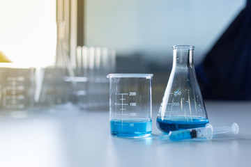 Laboratory glassware, bottle, flasks for experiment in lab.