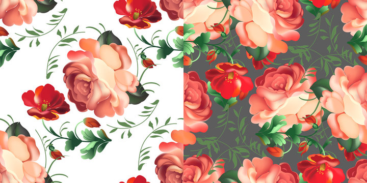 Set of Floral textile seamless pattern in Russian Zhostovo style.Vector illustration.