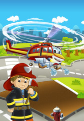 Cartoon stage with different machines for firefighting - helicopter and firefighter - colorful and cheerful scene -  illustration for children