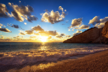 Porto Katsiki coast on Lefkada island in Greece on the sunset