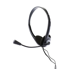 Black computer headset with a microphone isolated over white background