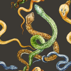 Naklejka premium Watercolor snake and flowers pattern