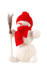 snowman in a red cap and scarf - children's crafts out of thread. isolated on white background