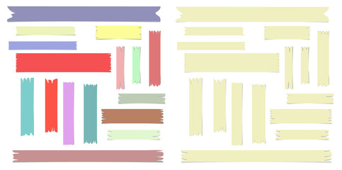 Multiple pieces of colorful and beige sticky tape in different shapes on white background - 128744352