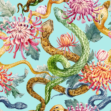 Watercolor snake and flowers pattern