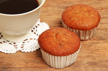Banana cup cake and hot coffee