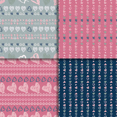 Doodle seamless pattern set with hearts