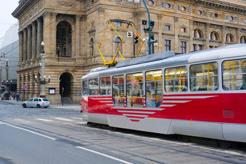 Naklejka na ściany i meble Prague, Czechia - November, 21, 2016: tram stop in Prague, Czechia. Tram is popular transport in Prague