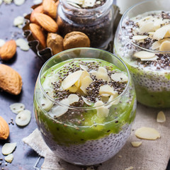 Chia seed pudding with almond milk and fresh fruit topping