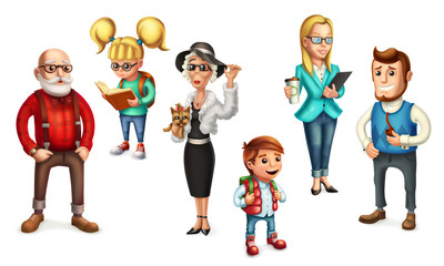 Funny people. Family. Father, mother, grandmother, grandfather, son, daughter. 3d vector icon set