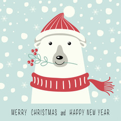 The cover design. Depicts a polar bear in a cap and scarf in red. Mouth bear holding a twig with red berries. The phrase merry Christmas and a happy New year.