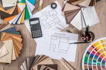 scheme plan house with a palette of colors and tools