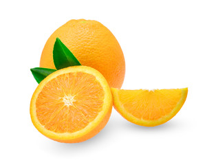 fresh orange fruit with leaf isolated on white background