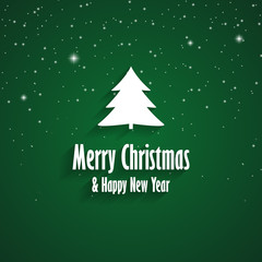 Merry Christmas and Happy New Year green greeting card with Christmas tree and snow