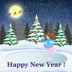 Happy new year and merry Christmas landscape card design with christmas tree.