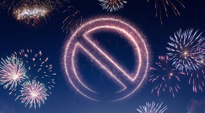 Night sky with fireworks shaped as a forbidden symbol.(series)
