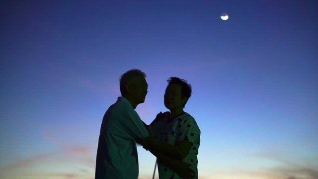Asian senior couple holding hand enjoy moment of happy life together with magic hour sky and moon background