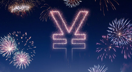 Night sky with fireworks shaped as a Yen symbol.(series)