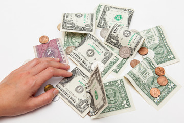 woman hand pick diverse currency up white backgrounds
