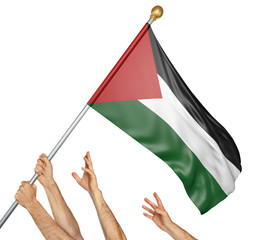 Team of peoples hands raising the Palestine national flag, 3D rendering isolated on white background