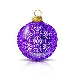Isolated purple christmas ball with silver snowflake. Glitter sequins texture. Decoration for christmas tree or new year. Brilliance sparkle. Reflection and shadow. Vector EPS10 illustration.