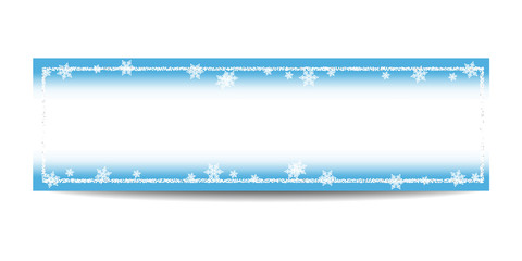 Winter horizontal banner template. Empty silver frame. Snowflakes, bokeh, fog, blur and snow on blue background. Glitter sequins. Flyer design. Vector EPS10 illustration.