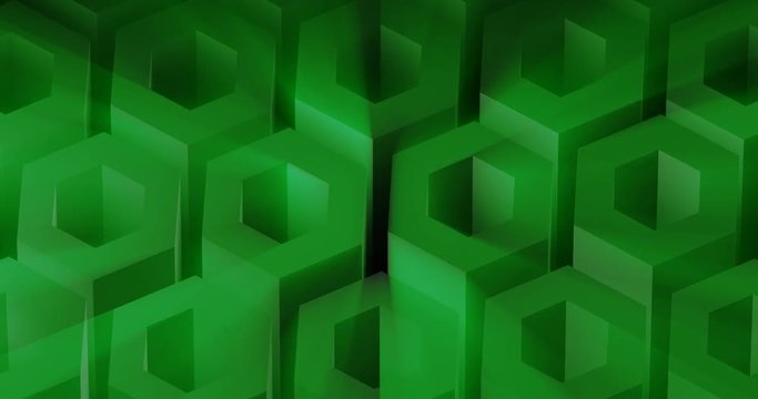 A slow moving looping background design animation of 3D hexes with light rays.