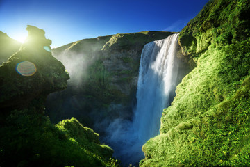 Skogarfoss waterfall and summer sunny day, Iceland