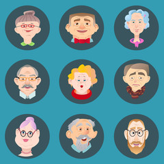 Face of elder people icons set in flat style. Pensioner head 