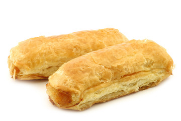 puff pastry rolls called "banketstaaf" with almond paste on a white background