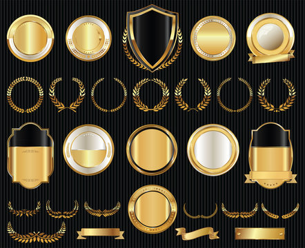 Vector medieval golden shields laurel wreaths and badges collection