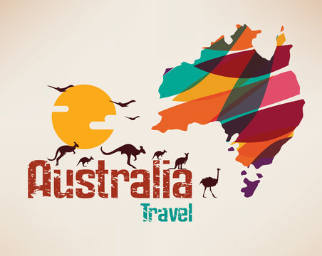 Australia travel map, decrative symbol of Australia continent wi