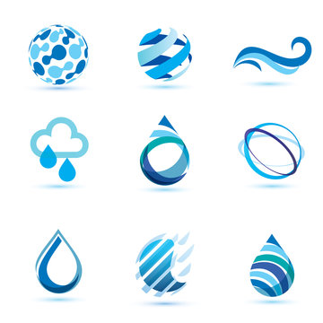 set of abstract blue symbols, water drops and wave logo template