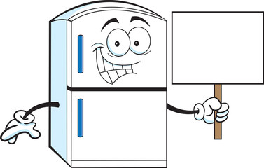 Cartoon illustration of a refrigerator holding a sign.