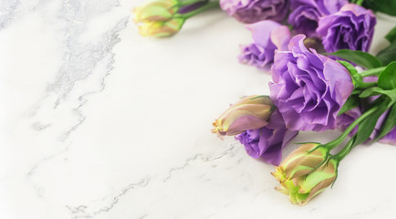 purple flower on luxury white marble background,wedding invitation card style