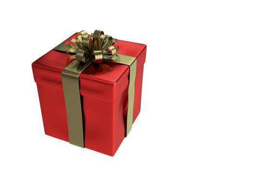 Red gift box with gold bow tied isolated, 3d rendering