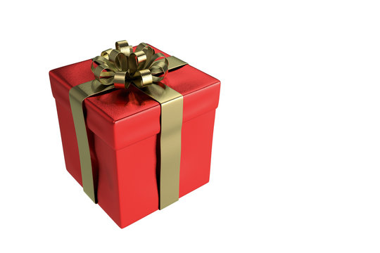 Red gift box with gold bow tied isolated, 3d rendering