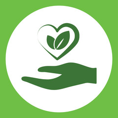 hand with plant leaf care eco bio icon simple green in circle
