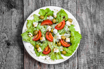 Greek salad, vegetarian vegetable salads, overhead